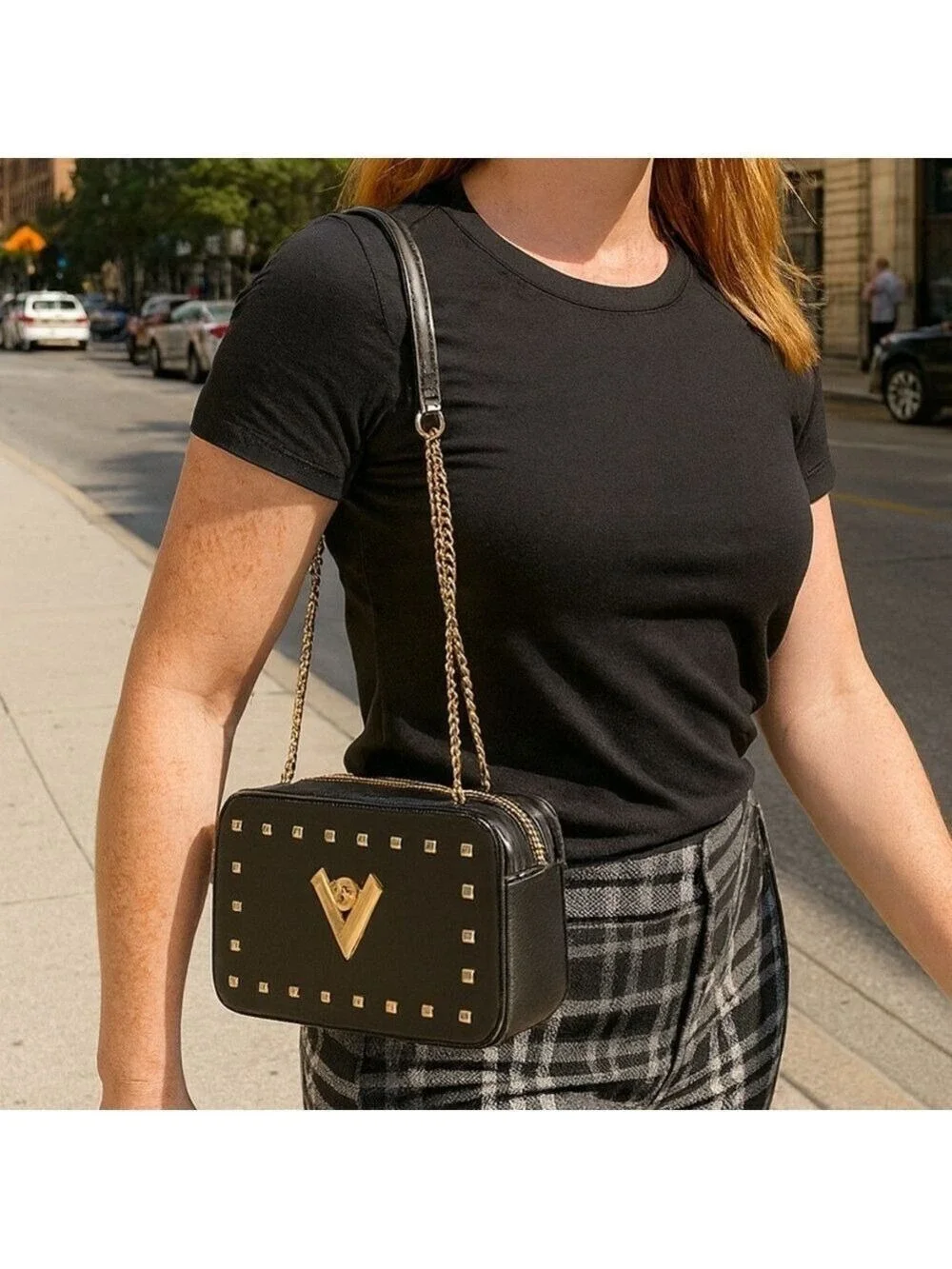 Valentino Orlandi Black and Gold Studded Camera Bag